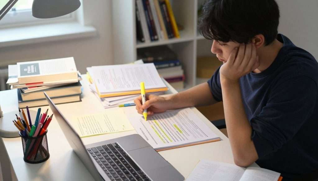 A focused student sitting at a modern desk, reviewing printed reading headings for a course goal, surrounded by cluttered notes and textbooks. The student, dressed in smart casual attire, displays a thoughtful expression as they highlight important headings with a yellow marker. In the foreground, various colorful stationery and an open laptop add to the studying atmosphere. The middle section features a soft light illuminating the desk area, creating a warm and inviting workspace. In the background, a bookshelf filled with academic books and a window letting in natural light enhances the scene. The overall mood is studious and contemplative, showcasing the importance of organizing information amidst a sea of academic materials. The angle is slightly overhead, allowing a clear view of the student’s focused activity.
