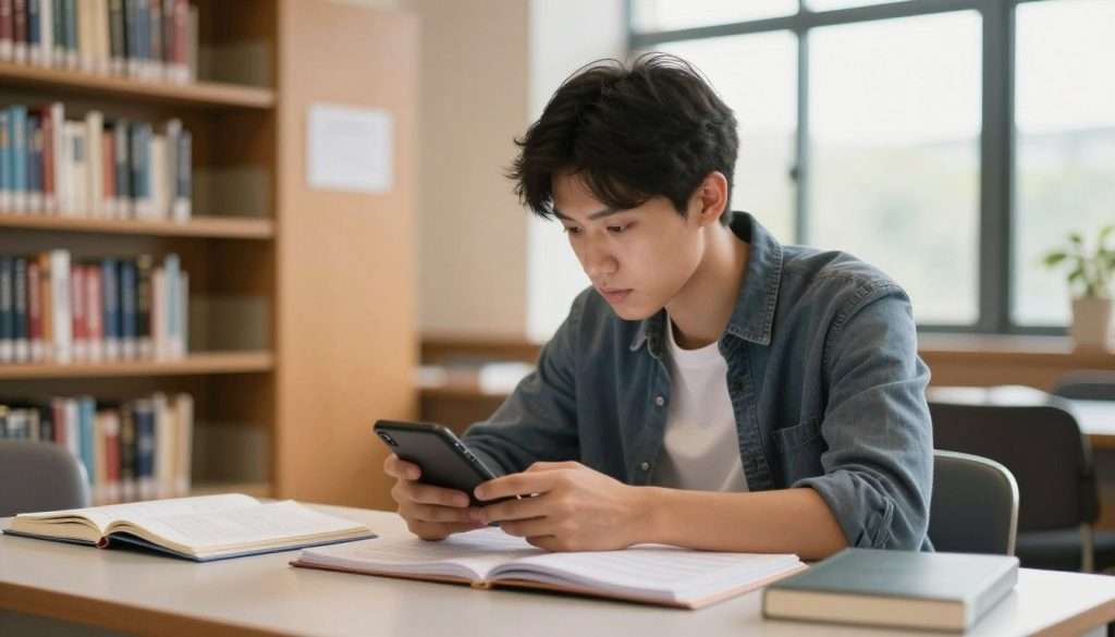 A focused student sitting at a modern desk surrounded by open notebooks and study materials, intently checking a digital device for recall results. The student is dressed in smart casual attire, conveying professionalism and concentration. In the background, a softly lit library setting with bookshelves filled with educational texts, and a large window allowing warm, natural light to pour in, creating an inviting atmosphere. The camera angle captures the student from a slight side view, emphasizing their expression of curiosity and determination. The overall mood should be one of diligence and intellectual engagement, reflecting a proactive approach to learning and memory retention. A focused student sitting at a modern desk surrounded by open notebooks and study materials, intently checking a digital device for recall results. The student is dressed in smart casual attire, conveying professionalism and concentration. In the background, a softly lit library setting with bookshelves filled with educational texts, and a large window allowing warm, natural light to pour in, creating an inviting atmosphere. The camera angle captures the student from a slight side view, emphasizing their expression of curiosity and determination. The overall mood should be one of diligence and intellectual engagement, reflecting a proactive approach to learning and memory retention.