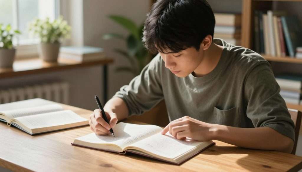 A focused student, sitting at a sturdy wooden desk, examines a notebook filled with handwritten notes while testing their memory. The student, dressed in modest casual clothing, is positioned in the foreground, highlighting their concentrated expression as they jot down answers. Open books and closed notes lie nearby, suggesting a study session in progress. The middle ground features soft, natural lighting filtering through a window, casting gentle shadows and creating a warm atmosphere. In the background, shelves filled with academic books and a potted plant add depth to the scene. The image conveys a sense of productivity and determination, ideal for illustrating effective study techniques.