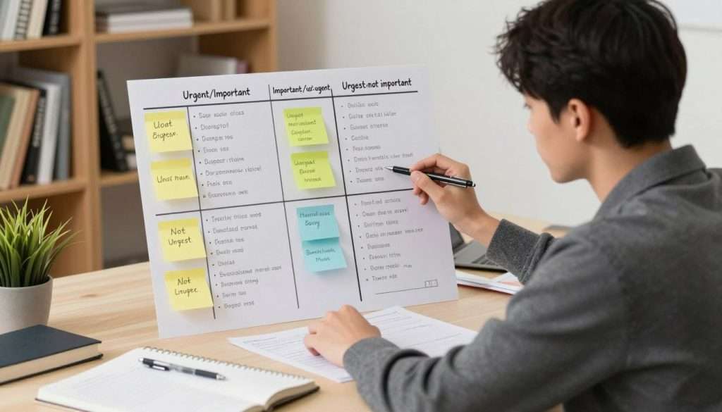A focused student sitting at a tidy desk, neatly sorting five competing tasks into an Eisenhower Matrix. In the foreground, the student, a young adult in professional casual attire, is depicted with a thoughtful expression, holding a pen above a large paper divided into four quadrants. The middle ground features the matrix filled with tasks, some written on sticky notes, sorted into urgent/important, important/not urgent, urgent/not important, and not urgent/not important. Soft, natural lighting illuminates the workspace, emphasizing the organized chaos of study materials scattered around. In the background, bookshelves filled with academic books and a small plant provide a calming atmosphere, conveying an air of productivity and focus. The composition captures a moment of strategic decision-making in a serene, studious environment. A focused student sitting at a tidy desk, neatly sorting five competing tasks into an Eisenhower Matrix. In the foreground, the student, a young adult in professional casual attire, is depicted with a thoughtful expression, holding a pen above a large paper divided into four quadrants. The middle ground features the matrix filled with tasks, some written on sticky notes, sorted into urgent/important, important/not urgent, urgent/not important, and not urgent/not important. Soft, natural lighting illuminates the workspace, emphasizing the organized chaos of study materials scattered around. In the background, bookshelves filled with academic books and a small plant provide a calming atmosphere, conveying an air of productivity and focus. The composition captures a moment of strategic decision-making in a serene, studious environment.