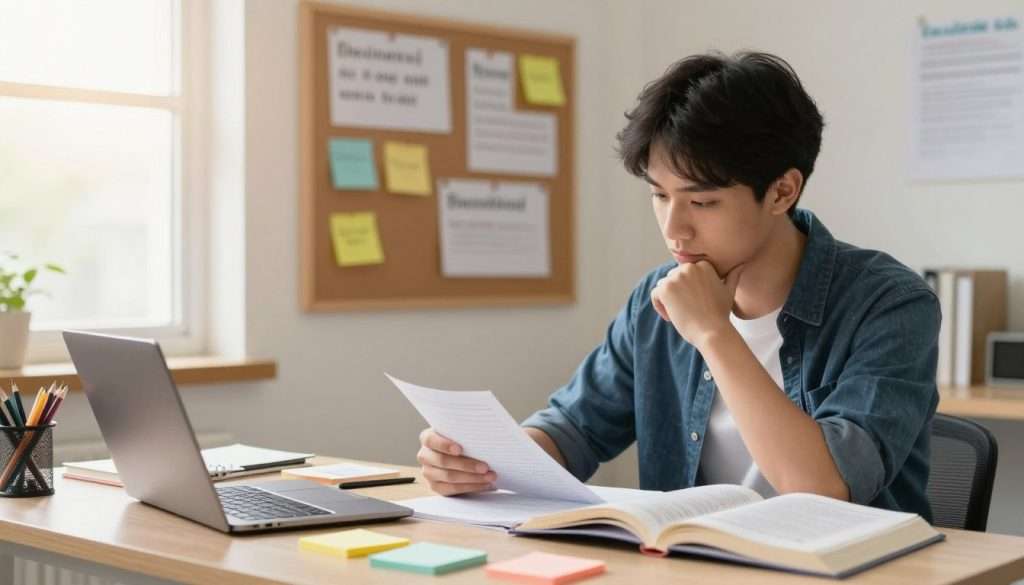 A focused student sitting at a tidy desk, thoughtfully reviewing their semester goals, surrounded by open textbooks, a laptop, and colorful sticky notes. In the foreground, the student is dressed in smart casual clothing, displaying determination and concentration. The middle ground features a corkboard pinned with inspirational quotes and reminders, symbolizing organization and motivation. In the background, a sunny window filters warm, natural light into the room, creating a productive and uplifting atmosphere. The scene's overall mood is one of empowerment and focus, as the student navigates the balance between academia and personal recovery time, exemplifying resilience and determination in their study routine. A focused student sitting at a tidy desk, thoughtfully reviewing their semester goals, surrounded by open textbooks, a laptop, and colorful sticky notes. In the foreground, the student is dressed in smart casual clothing, displaying determination and concentration. The middle ground features a corkboard pinned with inspirational quotes and reminders, symbolizing organization and motivation. In the background, a sunny window filters warm, natural light into the room, creating a productive and uplifting atmosphere. The scene's overall mood is one of empowerment and focus, as the student navigates the balance between academia and personal recovery time, exemplifying resilience and determination in their study routine.