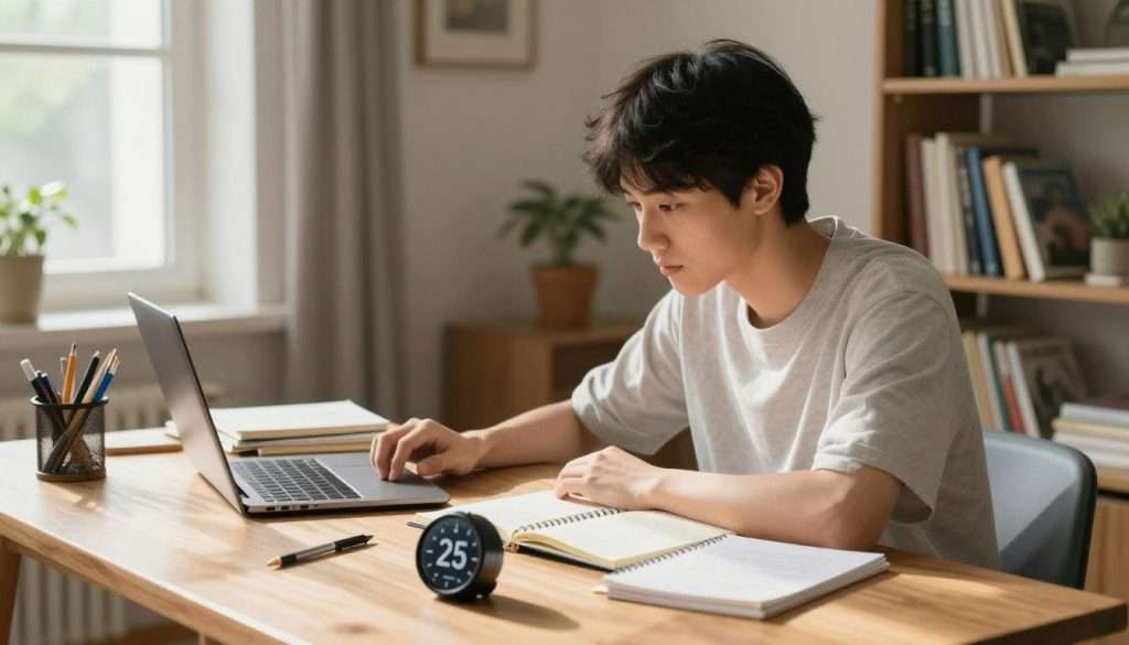 A focused student sitting at a tidy wooden desk in a cozy, well-lit study room, intently watching a timer set for a 25-minute work session. The student, dressed in modest casual clothing, is surrounded by notebooks and stationery, a laptop open but minimized to reduce distractions. Soft, natural light streams through a nearby window, casting gentle shadows that enhance the calm atmosphere. In the background, bookshelves filled with academic texts and a plant add warmth to the environment. The camera angle captures the student’s concentration, emphasizing the timer as a focal point in the foreground, creating a serene mood that embodies the essence of deep work amidst distractions. A focused student sitting at a tidy wooden desk in a cozy, well-lit study room, intently watching a timer set for a 25-minute work session. The student, dressed in modest casual clothing, is surrounded by notebooks and stationery, a laptop open but minimized to reduce distractions. Soft, natural light streams through a nearby window, casting gentle shadows that enhance the calm atmosphere. In the background, bookshelves filled with academic texts and a plant add warmth to the environment. The camera angle captures the student’s concentration, emphasizing the timer as a focal point in the foreground, creating a serene mood that embodies the essence of deep work amidst distractions.