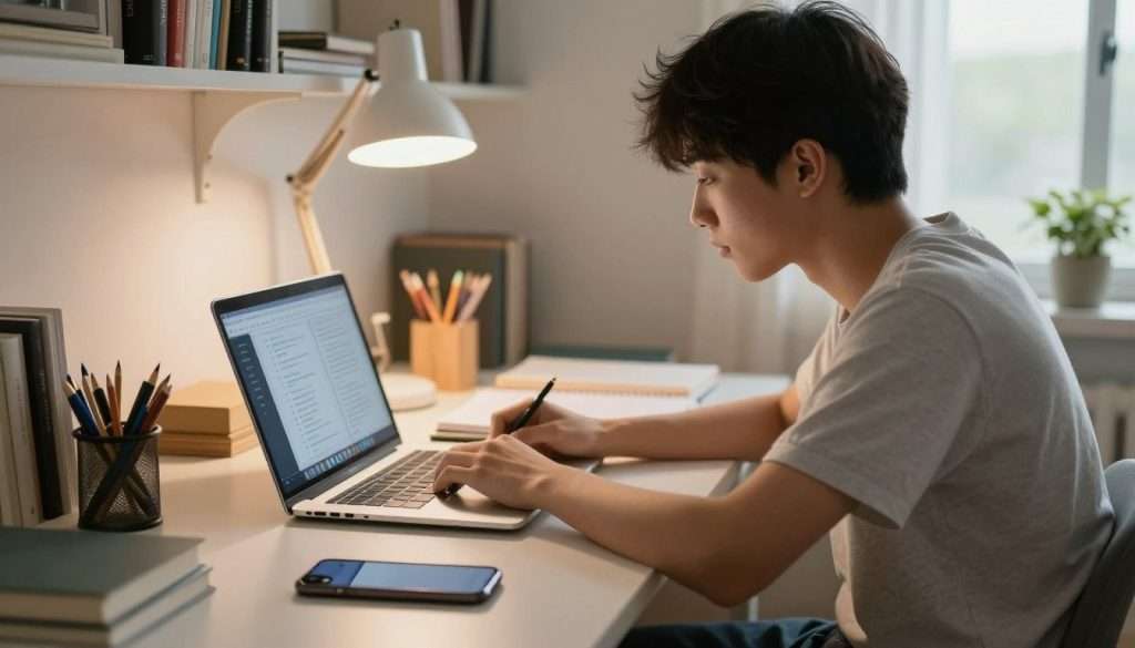 A focused student sitting at a well-organized study desk, immersed in their studies. The foreground features a smartphone placed face down, deliberately distanced from the student to symbolize avoidance of distractions. The middle ground includes an open laptop displaying essential study apps like a digital notebook and a study timer. In the background, a cozy study room with soft lighting emanating from a desk lamp creates a warm atmosphere, and bookshelves filled with textbooks and stationery surround the scene. The mood is one of concentration and determination, with natural light filtering in through a nearby window. The student, dressed in modest casual clothing, has a focused expression, illustrating commitment to their study goals.