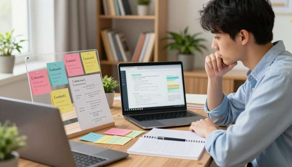 A focused student sitting at a well-organized study desk, surrounded by colorful index cards labeled with factual and evaluative questions about study habits. The foreground features the student, a young adult in smart casual attire, deep in thought, holding a pen and reviewing the questions. In the middle, a laptop is open with a digital notepad displaying flowcharts and notes on critical thinking. The background shows a bookshelf filled with educational materials, plants for a touch of nature, and soft, ambient lighting filtering through a nearby window. The mood is one of concentration and intellectual curiosity, capturing the essence of effective study habits. The image should be bright and inviting, with a focused depth of field, emphasizing the student's engagement in learning.