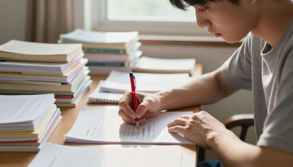 A focused student sitting at a wooden desk, intently marking command words in an essay question, using a red pen. The foreground highlights the student's hand actively underlining terms like "analyze" and "evaluate." In the middle ground, a cluttered study space filled with textbooks, notebooks, and study materials, creating a sense of organized chaos. The background features a softly lit room with a large window allowing natural light to stream in, enhancing the atmosphere of concentration. The student is dressed in modest casual clothing, reflecting a studious demeanor. The overall mood is serious and focused, evoking the determination needed for essay exams. The lighting is warm yet bright, casting gentle shadows that emphasize the importance of the task. A focused student sitting at a wooden desk, intently marking command words in an essay question, using a red pen. The foreground highlights the student's hand actively underlining terms like "analyze" and "evaluate." In the middle ground, a cluttered study space filled with textbooks, notebooks, and study materials, creating a sense of organized chaos. The background features a softly lit room with a large window allowing natural light to stream in, enhancing the atmosphere of concentration. The student is dressed in modest casual clothing, reflecting a studious demeanor. The overall mood is serious and focused, evoking the determination needed for essay exams. The lighting is warm yet bright, casting gentle shadows that emphasize the importance of the task.