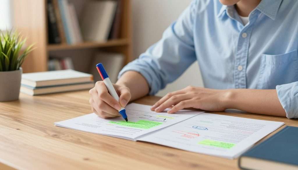 A focused student sitting at a wooden desk, marking missed memory details in a bright green color on a white sheet of paper filled with notes. The student is dressed in smart casual attire, wearing a light blue shirt with rolled-up sleeves. In the foreground, a close-up view shows the student's hand holding a colorful marker, while the sheet of paper is cluttered with colorful diagrams and annotations. In the middle ground, a well-organized study space features bookshelves filled with textbooks and a small potted plant on the desk, creating a lively yet studious atmosphere. The background is softly blurred, with gentle natural light streaming in from a nearby window, casting warm highlights across the scene, evoking a sense of calm concentration and determination.