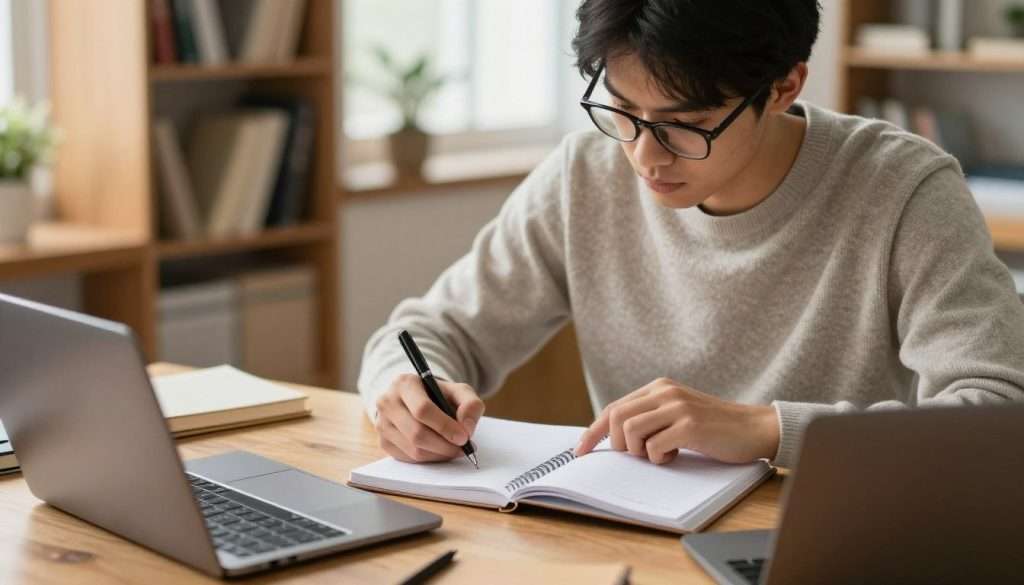 A focused student sitting at a wooden desk, opening a clean, lined notebook to start a writing task they've been avoiding. The student, wearing a modest, casual sweater and glasses, appears contemplative yet determined. The foreground features a neatly organized workspace with stationery and a laptop. In the middle, the notebook is open, with the student poised with a pen in hand, ready to write. The background reveals a softly lit, cozy study room with bookshelves filled with books and a window allowing natural light to filter in, creating a warm and inviting atmosphere. Capture this moment from a slightly elevated angle to emphasize the student's engagement with the task ahead, fostering a mood of motivation and productivity.