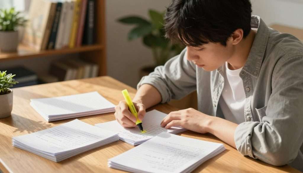A focused student sitting at a wooden desk, surrounded by neatly stacked handwritten notes about a story. The student, dressed in a comfortable yet professional casual outfit, leans over the notes, highlighting key points with a yellow highlighter. Soft, warm lighting from a nearby window casts gentle shadows across the desk, enhancing the atmosphere of concentration. In the background, a bookshelf filled with colorful novels and a potted plant add depth to the scene. The camera angle captures the student's profile, showcasing a look of determination and engagement. The overall mood is one of quiet diligence and the joy of learning, reflecting the importance of handwritten notes in understanding complex subjects.