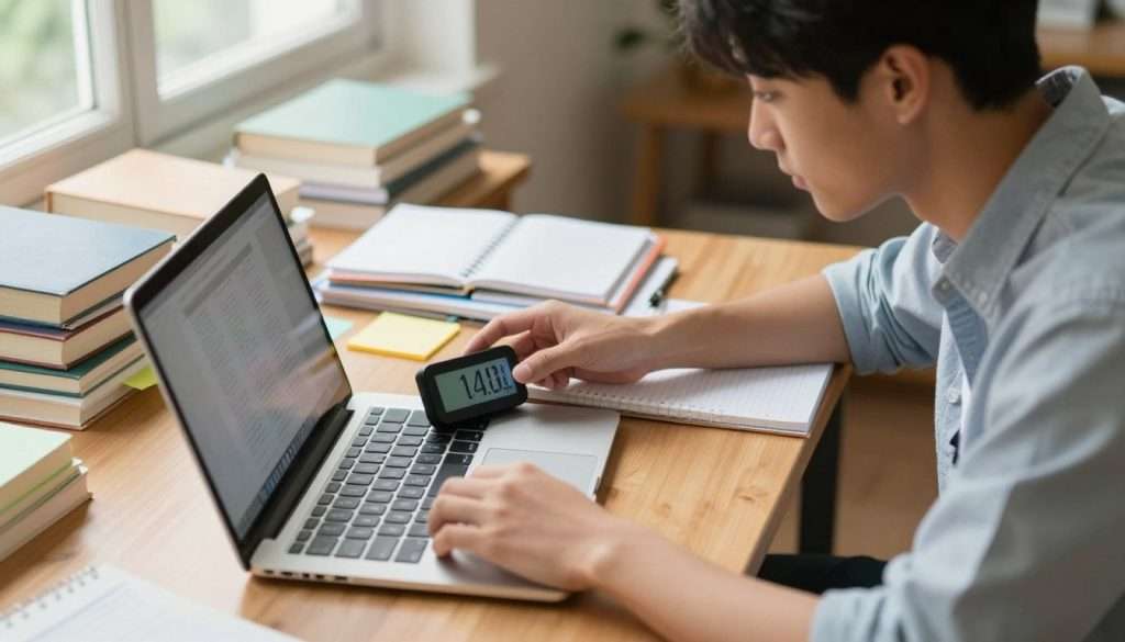A focused student sitting at a wooden desk, thoughtfully adjusting a digital timer displayed on their laptop, showcasing a shorter study interval on the screen. The student, dressed in casual but professional attire, has a determined expression, surrounded by neatly organized study materials—books, notebooks, and colorful sticky notes—indicating a structured study environment. In the background, soft natural light filters through a nearby window, creating a warm and inviting atmosphere. The image is taken from a slightly elevated angle, capturing the student's engagement and the details of their study setup while maintaining a depth of field that softly blurs the background. The mood is one of concentration and motivation, encapsulating the essence of optimizing study techniques. A focused student sitting at a wooden desk, thoughtfully adjusting a digital timer displayed on their laptop, showcasing a shorter study interval on the screen. The student, dressed in casual but professional attire, has a determined expression, surrounded by neatly organized study materials—books, notebooks, and colorful sticky notes—indicating a structured study environment. In the background, soft natural light filters through a nearby window, creating a warm and inviting atmosphere. The image is taken from a slightly elevated angle, capturing the student's engagement and the details of their study setup while maintaining a depth of field that softly blurs the background. The mood is one of concentration and motivation, encapsulating the essence of optimizing study techniques.
