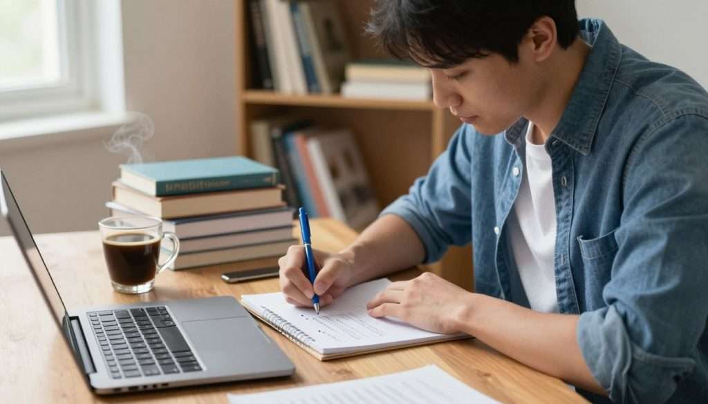 A focused student sitting at a wooden desk, writing three bullet points for a paper section in a bright and inviting study room. The student, a young adult in casual, professional attire, uses a blue pen on a notepad filled with handwritten notes. In the foreground, a laptop is slightly open, revealing additional notes. In the middle, there is a well-organized stack of textbooks and a steaming cup of coffee, adding warmth to the scene. In the background, a bookshelf filled with various academic and literary works can be seen, illuminated by natural light streaming through a window. The overall atmosphere conveys concentration and motivation, with a calming color palette of blues and earthy tones, focusing on the student’s dedication to their work.