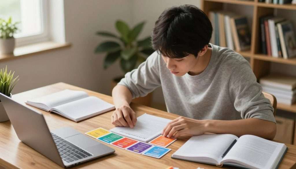 A focused student sitting at a wooden study desk, deeply engaged in reviewing course material with colorful flashcards spread out in front of them. The student, dressed in modest casual clothing, is surrounded by closed notebooks and a laptop, emphasizing concentration. In the background, a cozy study room with warm lighting, showcasing a bookshelf filled with textbooks and plants adding tranquility. A soft afternoon light filters through a nearby window, creating a bright yet inviting atmosphere. The angle captures the student from a slight overhead perspective, highlighting their determination and organized study environment. The scene radiates a sense of diligence and motivation, perfect for reinforcing effective study habits.