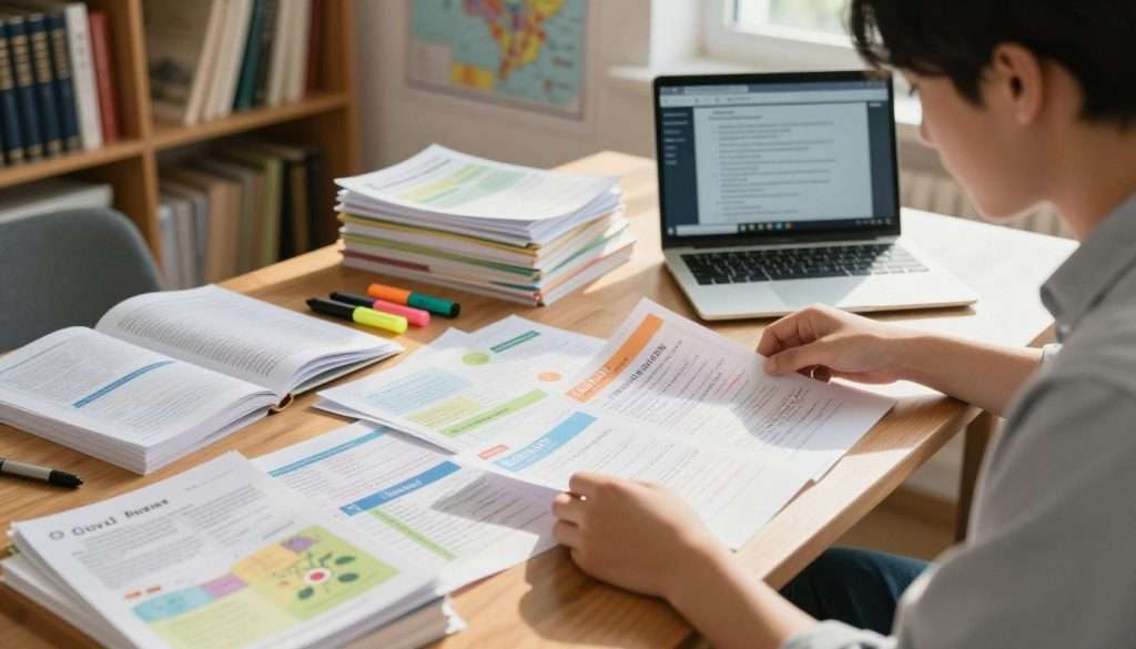 A focused student sorting through a colorful array of class notes spread across a wooden desk, creating a history study guide. The foreground features the student, a young person in casual yet professional attire, intently organizing handwritten notes and textbooks. In the middle ground, stacks of papers, highlighters, and an open laptop display interactive study materials. The background shows a well-lit room with shelves filled with historical books and maps, creating an academic atmosphere. The sunlight filters in through a window, casting warm light across the desk, enhancing the mood of concentration and diligence. The angle is slightly overhead, showcasing the cluttered desk and focused expression of the student. A focused student sorting through a colorful array of class notes spread across a wooden desk, creating a history study guide. The foreground features the student, a young person in casual yet professional attire, intently organizing handwritten notes and textbooks. In the middle ground, stacks of papers, highlighters, and an open laptop display interactive study materials. The background shows a well-lit room with shelves filled with historical books and maps, creating an academic atmosphere. The sunlight filters in through a window, casting warm light across the desk, enhancing the mood of concentration and diligence. The angle is slightly overhead, showcasing the cluttered desk and focused expression of the student.