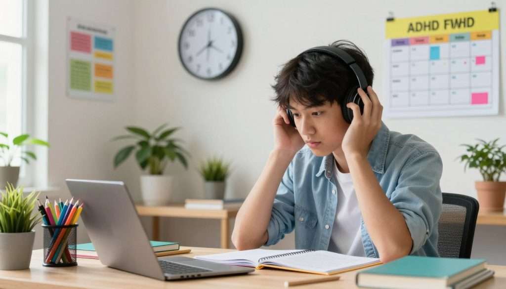 A focused student with ADHD, sitting at a clutter-free desk, surrounded by colorful stationery and a visible flexible study schedule on a bright planner. In the foreground, the student, a young person of Asian descent, wearing casual yet tidy clothing, is using noise-canceling headphones, deeply engaged in studying. In the middle ground, a wall clock indicates structured time blocks, while labeled charts and diagrams diagram the student’s routines, reflecting a system of organization. The background features soft, natural lighting filtering through a window, creating a warm and welcoming atmosphere filled with houseplants. The mood conveys a sense of calm concentration and empowerment as the student navigates their study plan efficiently, illustrating the benefits of time blocking.