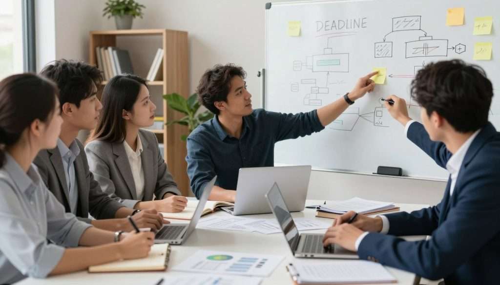 A focused study group of four diverse individuals, two men and two women, sitting around a large table filled with notebooks, laptops, and scattered papers. The scene captures an intense brainstorming session as they collaboratively trace a missed deadline through sticky notes and a large whiteboard filled with diagrams and flowcharts. The foreground showcases their engaged expressions, with one person pointing to the whiteboard, encouraging discussion. In the middle, dynamic interaction is evident as they strategize, surrounded by professional business attire. The background features a softly lit office space, showcasing plants and a bookshelf, adding a warm atmosphere. The lighting is bright but soft, promoting a collaborative mood, with a subtle focus effect to draw attention to the group’s analysis.