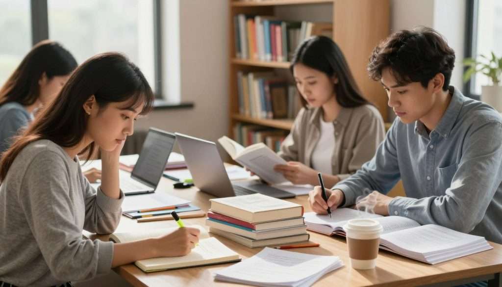 A focused study session featuring a diverse group of students actively engaged in testing chapter suggestions. In the foreground, a young woman in casual attire leans over a notebook, highlighting important passages with a bright highlighter, deep in thought. Beside her, a young man in business casual clothing scribbles notes on a laptop, while a third student is examining a textbook, all reflecting concentration. The middle ground shows a stack of open books and notes scattered across a study table, surrounded by stationery and a steaming cup of coffee. In the background, a cozy library setting with bookshelves filled with colorful books provides a warm atmosphere. Soft, natural light streams through a large window, casting gentle shadows and creating an inviting ambiance, enhancing the focus and serenity of the study environment. A focused study session featuring a diverse group of students actively engaged in testing chapter suggestions. In the foreground, a young woman in casual attire leans over a notebook, highlighting important passages with a bright highlighter, deep in thought. Beside her, a young man in business casual clothing scribbles notes on a laptop, while a third student is examining a textbook, all reflecting concentration. The middle ground shows a stack of open books and notes scattered across a study table, surrounded by stationery and a steaming cup of coffee. In the background, a cozy library setting with bookshelves filled with colorful books provides a warm atmosphere. Soft, natural light streams through a large window, casting gentle shadows and creating an inviting ambiance, enhancing the focus and serenity of the study environment.
