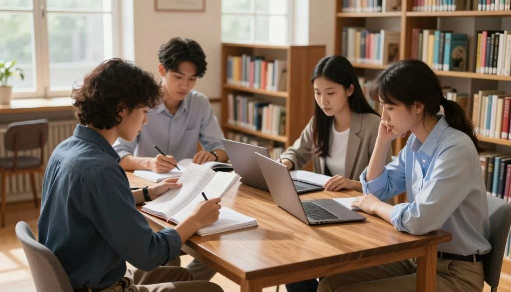 A focused study session in a well-lit, cozy library setting. In the foreground, a diverse group of three students, dressed in professional casual clothing, are seated around a wooden table. One student is reviewing notes, highlighting important information in a textbook, while another takes notes on a laptop, and the third looks thoughtfully at a study guide. The middle ground features bookshelves filled with colorful textbooks and reference materials. In the background, there are large windows allowing warm natural light to pour in, illuminating the room and creating a calm atmosphere. Soft shadows are cast on the polished wooden floor, enhancing the ambiance of concentration and academic focus. The overall mood conveys diligence and engagement in the learning process. A focused study session in a well-lit, cozy library setting. In the foreground, a diverse group of three students, dressed in professional casual clothing, are seated around a wooden table. One student is reviewing notes, highlighting important information in a textbook, while another takes notes on a laptop, and the third looks thoughtfully at a study guide. The middle ground features bookshelves filled with colorful textbooks and reference materials. In the background, there are large windows allowing warm natural light to pour in, illuminating the room and creating a calm atmosphere. Soft shadows are cast on the polished wooden floor, enhancing the ambiance of concentration and academic focus. The overall mood conveys diligence and engagement in the learning process.