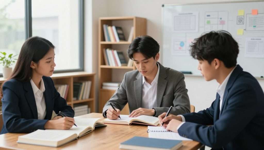 A focused study space illuminated by soft, natural light coming through a large window. In the foreground, a diverse group of three students, dressed in professional business attire, gathers around a wooden table covered with textbooks, notebooks, and study materials. One student actively writes a study plan, while the others engage in discussion, highlighting their collaborative effort to improve academic performance. The middle ground features shelves lined with educational materials, creating an academic atmosphere. In the background, a whiteboard filled with diagrams and notes emphasizes the concept of tackling weaknesses. The overall mood is one of determination and teamwork, with a warm and inviting ambiance that suggests growth and progress. A focused study space illuminated by soft, natural light coming through a large window. In the foreground, a diverse group of three students, dressed in professional business attire, gathers around a wooden table covered with textbooks, notebooks, and study materials. One student actively writes a study plan, while the others engage in discussion, highlighting their collaborative effort to improve academic performance. The middle ground features shelves lined with educational materials, creating an academic atmosphere. In the background, a whiteboard filled with diagrams and notes emphasizes the concept of tackling weaknesses. The overall mood is one of determination and teamwork, with a warm and inviting ambiance that suggests growth and progress.