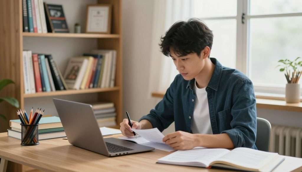A focused young adult sitting at a well-organized desk in a tidy room, demonstrating self-discipline in online learning. In the foreground, the person, dressed in smart casual attire, is intently reviewing notes and studying on a laptop, surrounded by books and stationery. The middle ground features shelves filled with educational materials and personal achievements, symbolizing progress and knowledge. In the background, a window allows soft, natural light to illuminate the scene, creating a warm and inviting atmosphere. The overall mood is one of determination and focus, conveying the commitment to finish strong and continuously review what has been learned. Capture the image from a slightly elevated angle to showcase the workspace and the studious demeanor of the subject. A focused young adult sitting at a well-organized desk in a tidy room, demonstrating self-discipline in online learning. In the foreground, the person, dressed in smart casual attire, is intently reviewing notes and studying on a laptop, surrounded by books and stationery. The middle ground features shelves filled with educational materials and personal achievements, symbolizing progress and knowledge. In the background, a window allows soft, natural light to illuminate the scene, creating a warm and inviting atmosphere. The overall mood is one of determination and focus, conveying the commitment to finish strong and continuously review what has been learned. Capture the image from a slightly elevated angle to showcase the workspace and the studious demeanor of the subject.