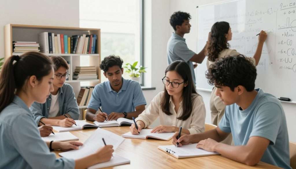 A group of diverse physics students is gathered around a wooden table in a bright, well-lit study room, reviewing mixed mathematical problems and equations with focused expressions. In the foreground, one student, a young woman with glasses, points at a physics textbook, while a young man beside her scribbles notes. Other students, including a South Asian male and an African American female, exchange ideas, adding to a whiteboard filled with complex formulas. The background features bookshelves stacked with science books and a large window letting in soft, natural light, creating an inspiring and collaborative atmosphere. The overall mood is one of determination and camaraderie, capturing the essence of studying together effectively. The angle is slightly elevated, giving a clear view of their engagement without any text or distractions.