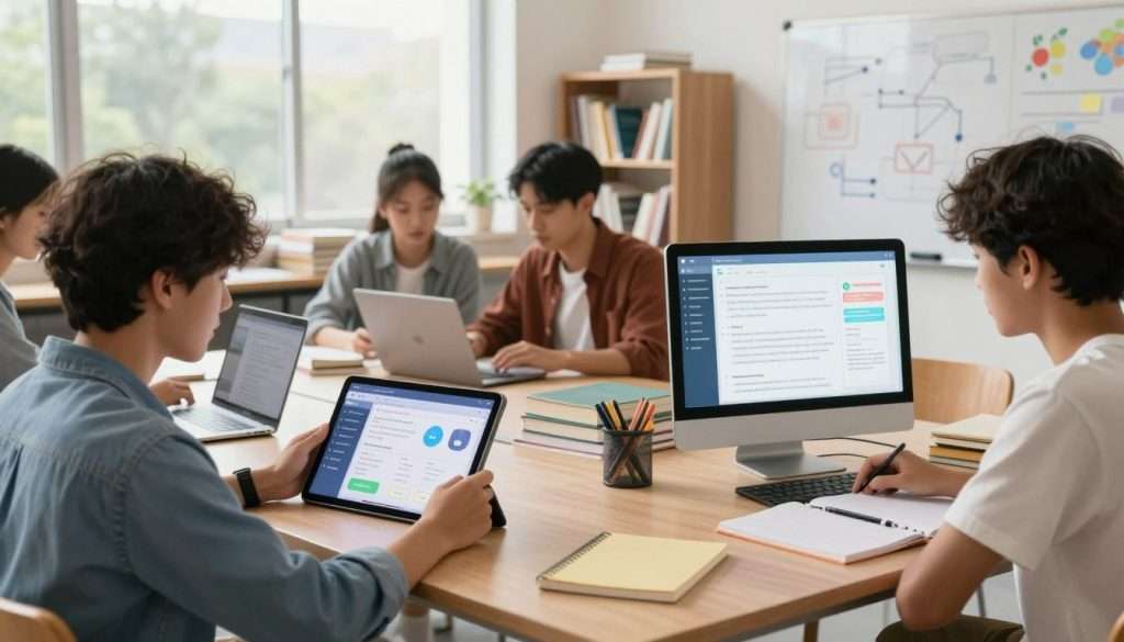 A modern classroom scene featuring diverse students engaged with various AI study tools, such as tablets, laptops, and smart notebooks, demonstrating innovative study methods. In the foreground, a student in smart casual attire uses a tablet with a digital flashcard app, while another student peers at a computer screen displaying AI-generated learning analytics. The middle ground includes a collaborative workspace with books, notes, and a whiteboard filled with diagrams and AI concepts. Soft, natural lighting streams through large windows, creating an inviting atmosphere, with bright colors that add to the energetic feel of the study space. The background shows bookshelves stacked with educational resources, enhancing the scholarly environment. The overall mood is vibrant and focused, capturing the essence of a tech-savvy learning experience. A modern classroom scene featuring diverse students engaged with various AI study tools, such as tablets, laptops, and smart notebooks, demonstrating innovative study methods. In the foreground, a student in smart casual attire uses a tablet with a digital flashcard app, while another student peers at a computer screen displaying AI-generated learning analytics. The middle ground includes a collaborative workspace with books, notes, and a whiteboard filled with diagrams and AI concepts. Soft, natural lighting streams through large windows, creating an inviting atmosphere, with bright colors that add to the energetic feel of the study space. The background shows bookshelves stacked with educational resources, enhancing the scholarly environment. The overall mood is vibrant and focused, capturing the essence of a tech-savvy learning experience.