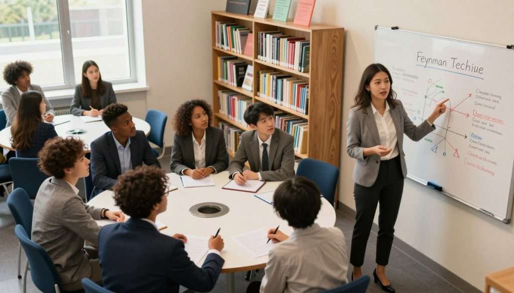 A modern classroom setting where a diverse group of students, dressed in professional business attire, is actively engaged in a collaborative learning environment. In the foreground, a confident female student stands beside a whiteboard filled with colorful diagrams and notes on the Feynman Technique, illustrating complex concepts in simple terms. In the middle of the composition, students of different ethnicities are seated at circular tables, discussing and explaining ideas to one another, showcasing teamwork and adaptation in various learning situations. The background features bookshelves filled with educational resources and a large window allowing natural light to pour in, creating an inspiring and vibrant atmosphere. The lighting is warm and inviting, enhancing the mood of curiosity and collaboration. The angle is slightly elevated, capturing the dynamic interaction among students.
