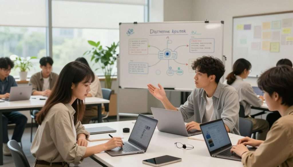 A modern university setting showcasing a diverse group of students engaged in a tech organization meeting. In the foreground, a young woman in professional casual attire is focused on her laptop, taking notes. Beside her, a young man enthusiastically discusses minimalistic tech tools displayed on a sleek table. The middle ground features a large whiteboard with colorful diagrams illustrating digital decluttering strategies. In the background, large windows let in soft, natural light, highlighting a contemporary classroom atmosphere adorned with plants for a calming effect. The mood is collaborative and focused, with a warm ambiance. The scene is captured with a slight overhead angle to emphasize the teamwork and tech discussion among the students, while maintaining an uncluttered, minimalistic aesthetic. A modern university setting showcasing a diverse group of students engaged in a tech organization meeting. In the foreground, a young woman in professional casual attire is focused on her laptop, taking notes. Beside her, a young man enthusiastically discusses minimalistic tech tools displayed on a sleek table. The middle ground features a large whiteboard with colorful diagrams illustrating digital decluttering strategies. In the background, large windows let in soft, natural light, highlighting a contemporary classroom atmosphere adorned with plants for a calming effect. The mood is collaborative and focused, with a warm ambiance. The scene is captured with a slight overhead angle to emphasize the teamwork and tech discussion among the students, while maintaining an uncluttered, minimalistic aesthetic.