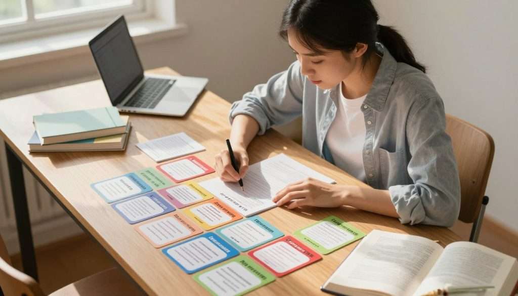 A motivated student sitting at a wooden study desk, surrounded by colorful study cards, each displaying key concepts and definitions for active recall practice. The student, a young woman in casual yet professional attire, focuses intently on the cards, with a few scattered books and a laptop in the background. Soft, warm natural light streams through a large window, casting gentle shadows on the desk, creating an inviting and productive atmosphere. The camera angle captures her from a slight overhead view, emphasizing the organized layout of cards and materials around her, highlighting the process of active recall and effective studying. The overall mood is one of concentration and determination, reflecting a commitment to learning.