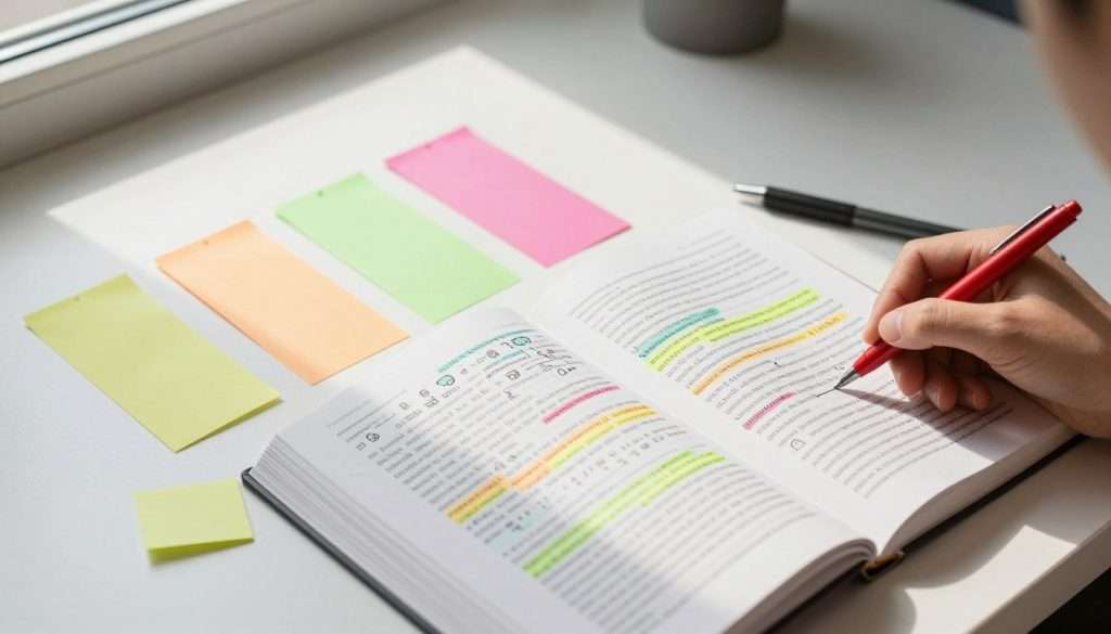 A neatly arranged desk scene featuring a variety of colorful bookmarks, sticky tabs, and pens next to an open book with highlighted passages. In the foreground, a hand is shown using a red pen to underline a key sentence. The middle ground displays a close-up of the book's pages filled with symbols and annotations in different colors, showcasing an organized and clutter-free approach to note-taking. The background includes soft natural lighting coming from a nearby window, casting gentle shadows, creating a calm and focused atmosphere. The setting suggests a student’s study environment, emphasizing effective and visually appealing book annotation methods without being overwhelming or chaotic.
