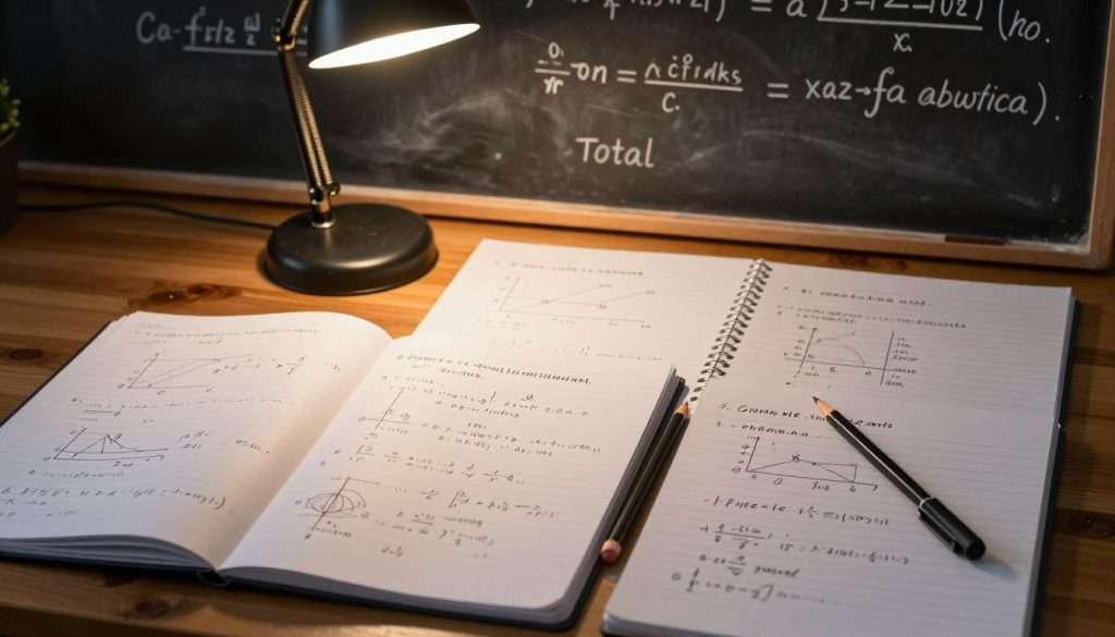 A neatly organized set of calculus notes spread out on a wooden desk, with clear diagrams and equations illustrating the concept of integration leading to a total. In the foreground, an open notebook filled with handwritten formulas, graphs, and sketches, alongside a sharp pencil and a highlighter. In the middle, a small desk lamp illuminates the notes with warm, soft lighting, creating a focused study atmosphere. In the background, a chalkboard or whiteboard features key calculus terms and equations in neat lettering. The overall mood is scholarly and introspective, emphasizing concentration and the joy of learning. Deep, rich colors evoke a sense of seriousness and dedication to understanding complex concepts. A neatly organized set of calculus notes spread out on a wooden desk, with clear diagrams and equations illustrating the concept of integration leading to a total. In the foreground, an open notebook filled with handwritten formulas, graphs, and sketches, alongside a sharp pencil and a highlighter. In the middle, a small desk lamp illuminates the notes with warm, soft lighting, creating a focused study atmosphere. In the background, a chalkboard or whiteboard features key calculus terms and equations in neat lettering. The overall mood is scholarly and introspective, emphasizing concentration and the joy of learning. Deep, rich colors evoke a sense of seriousness and dedication to understanding complex concepts.