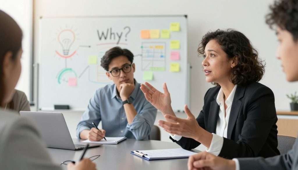 A professional setting featuring a diverse group of three individuals engaged in a collaborative brainstorming session around a sleek conference table. In the foreground, a middle-aged woman in business attire, intently asks a thought-provoking question, her hands gesturing expressively. The middle ground showcases a young man with glasses, jotting down notes, a look of concentration on his face. In the background, a large whiteboard filled with colorful diagrams and sticky notes highlights the idea of asking "Why?" to enhance understanding. The lighting is bright and inviting, casting a warm glow across the room, creating an atmosphere of curiosity and collaboration. The camera angle is slightly elevated, providing a comprehensive view of the engaging interaction, encapsulating the essence of effective enquiry in a learning environment.
