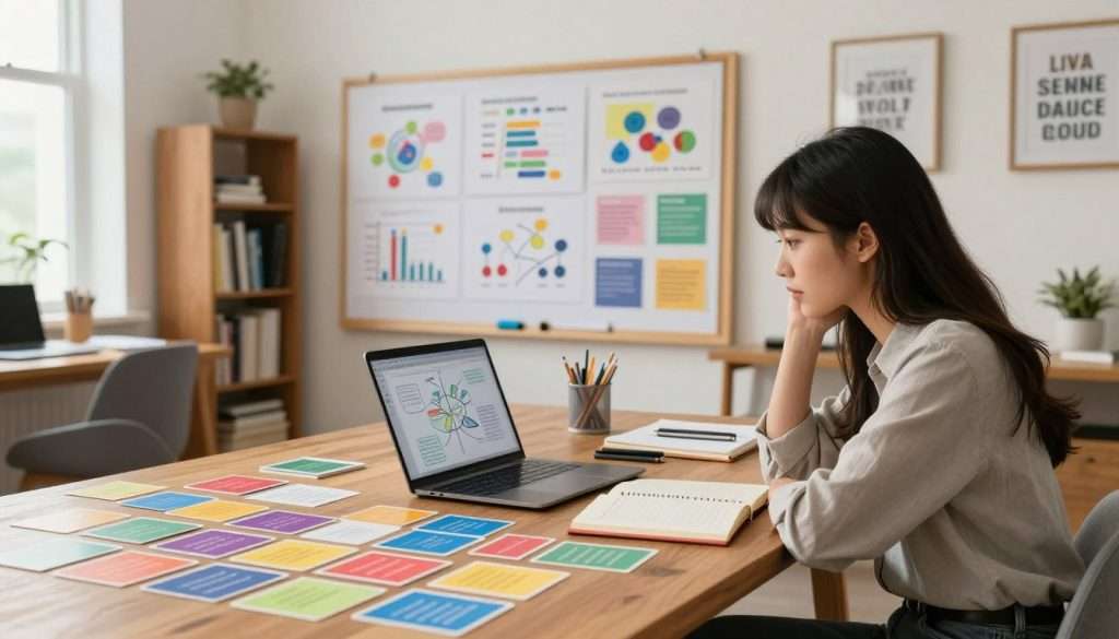 A professional study space featuring a large wooden table covered with colorful flashcards, notebooks, and an open laptop displaying a digital mind map. In the foreground, a focused young woman in smart casual attire engages with her materials, looking thoughtfully at a card. In the middle ground, a large, well-lit bulletin board showcases diagrams and illustrations representing various memory techniques, like spaced repetition and mnemonic aids. The background features a softly blurred bookshelf filled with educational texts and motivational quotes framed on the walls. Warm, natural light floods the room through a large window, creating an inviting atmosphere that captures the essence of productive study habits, encouraging viewers to visualize their own effective study plans. A professional study space featuring a large wooden table covered with colorful flashcards, notebooks, and an open laptop displaying a digital mind map. In the foreground, a focused young woman in smart casual attire engages with her materials, looking thoughtfully at a card. In the middle ground, a large, well-lit bulletin board showcases diagrams and illustrations representing various memory techniques, like spaced repetition and mnemonic aids. The background features a softly blurred bookshelf filled with educational texts and motivational quotes framed on the walls. Warm, natural light floods the room through a large window, creating an inviting atmosphere that captures the essence of productive study habits, encouraging viewers to visualize their own effective study plans.
