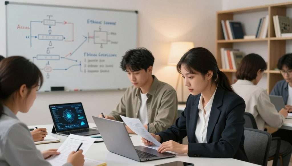 A serene and focused study environment featuring a diverse group of students engaged in responsible AI research. In the foreground, a young woman in professional business attire is intently reviewing AI-generated documents on a laptop, taking notes with a pen. Beside her, a young man in modest casual clothing scrutinizes a data visualization on a tablet. In the middle ground, a whiteboard displays complex algorithms and ethical guidelines related to AI use. The backdrop includes soft lighting from a desk lamp, creating a warm atmosphere, while shelves lined with books on technology and ethics add depth. The overall mood is one of concentration and collaboration, illustrating a commitment to studying responsibly. The angle is slightly overhead, capturing the collaborative spirit in a modern, minimalist study space. A serene and focused study environment featuring a diverse group of students engaged in responsible AI research. In the foreground, a young woman in professional business attire is intently reviewing AI-generated documents on a laptop, taking notes with a pen. Beside her, a young man in modest casual clothing scrutinizes a data visualization on a tablet. In the middle ground, a whiteboard displays complex algorithms and ethical guidelines related to AI use. The backdrop includes soft lighting from a desk lamp, creating a warm atmosphere, while shelves lined with books on technology and ethics add depth. The overall mood is one of concentration and collaboration, illustrating a commitment to studying responsibly. The angle is slightly overhead, capturing the collaborative spirit in a modern, minimalist study space.