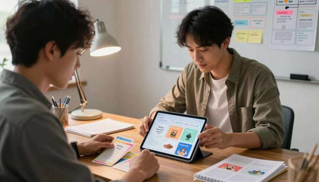 A serene and focused study environment where a young professional, dressed in smart casual attire, engages with colorful flashcards and a digital tablet. In the foreground, the flashcards are illuminated, showcasing keywords and images to symbolize spaced repetition. In the middle ground, a wooden table filled with notes and a stylish desk lamp casts a warm glow over the scene. In the background, a wall-mounted whiteboard is covered with organized charts and notes about memory techniques. Soft, natural light streams through a nearby window, creating an inviting and productive atmosphere. The overall mood is one of concentration and determination, emphasizing the essence of memory enhancement through effective study techniques.