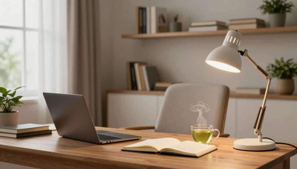 A serene and inspiring study setup in a cozy room, featuring a modern wooden desk with a sleek laptop, an open notebook, and a cup of steaming green tea. In the foreground, a stylish desk lamp provides warm, soft lighting to reduce eye strain, casting gentle shadows. The middle ground shows a comfortable, ergonomic chair with a cushion, positioned to optimize focus. On the wall behind, shelves are adorned with neatly organized books and a few potted plants, adding a touch of greenery for freshness. The background features a large window with sheer curtains, allowing natural daylight to filter in, creating a calm atmosphere. The color palette should be warm and inviting, promoting a sense of tranquility and concentration, perfect for a productive study session. A serene and inspiring study setup in a cozy room, featuring a modern wooden desk with a sleek laptop, an open notebook, and a cup of steaming green tea. In the foreground, a stylish desk lamp provides warm, soft lighting to reduce eye strain, casting gentle shadows. The middle ground shows a comfortable, ergonomic chair with a cushion, positioned to optimize focus. On the wall behind, shelves are adorned with neatly organized books and a few potted plants, adding a touch of greenery for freshness. The background features a large window with sheer curtains, allowing natural daylight to filter in, creating a calm atmosphere. The color palette should be warm and inviting, promoting a sense of tranquility and concentration, perfect for a productive study session.