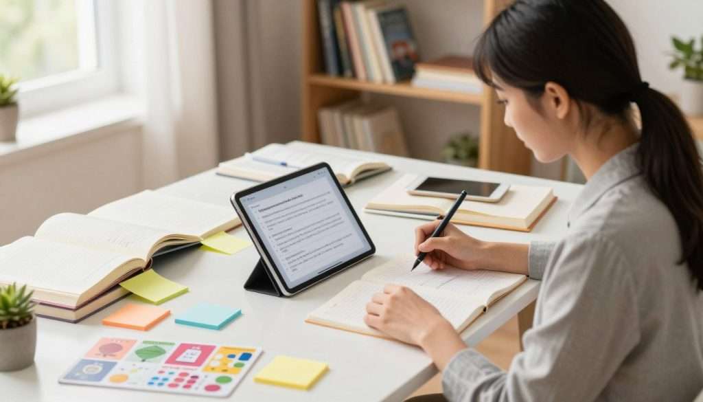 A serene and organized workspace featuring a table adorned with colorful sticky notes, notebooks, and a digital tablet displaying a spaced repetition app. In the foreground, a focused young woman in professional attire is actively studying, her expression reflecting concentration and engagement. In the middle, books and memory aids, like flashcards and diagrams illustrating various memory retention techniques, scatter around the workspace. In the background, a bookshelf filled with knowledge and educational resources merges with a soft and inviting ambiance, illuminated by warm, natural light streaming through a window. The overall mood is one of productivity and motivation, emphasizing the importance of effective memory strategies in a calming environment. A serene and organized workspace featuring a table adorned with colorful sticky notes, notebooks, and a digital tablet displaying a spaced repetition app. In the foreground, a focused young woman in professional attire is actively studying, her expression reflecting concentration and engagement. In the middle, books and memory aids, like flashcards and diagrams illustrating various memory retention techniques, scatter around the workspace. In the background, a bookshelf filled with knowledge and educational resources merges with a soft and inviting ambiance, illuminated by warm, natural light streaming through a window. The overall mood is one of productivity and motivation, emphasizing the importance of effective memory strategies in a calming environment.