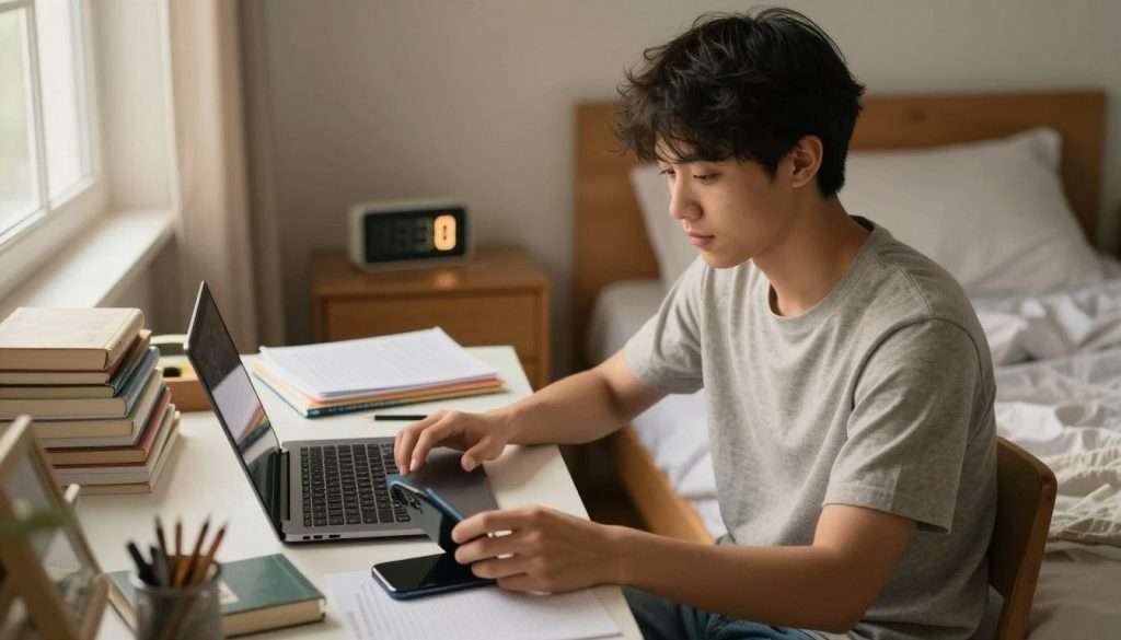 A serene bedroom scene featuring a diligent student in modest casual clothing, sitting at a desk cluttered with study materials and devices such as a laptop and smartphone. The student, with a focused expression, is gently placing these devices aside, signaling the transition to bedtime. Soft, warm lighting streams through a window, casting a calming glow over the room filled with books and a cozy bed. In the background, a bedside table holds a digital clock, softly illuminating the time. The atmosphere conveys a sense of tranquility and self-care, emphasizing the importance of rest for academic success. The camera angle is slightly elevated, capturing the student in a candid moment of reflection before sleep, imbued with a hopeful yet peaceful mood.