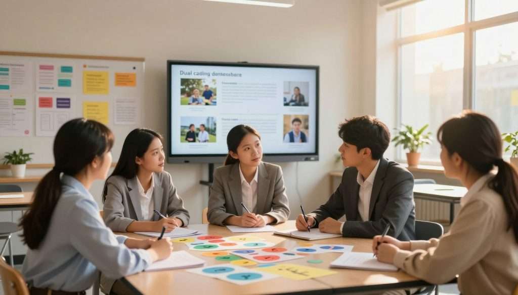 A serene classroom environment showcasing multisensory learning. In the foreground, a diverse group of three students—two women and a man—are engaged in a collaborative learning experience, surrounded by colorful visual aids like charts, diagrams, and infographics. They wear professional business attire and maintain focused expressions as they observe and discuss. The middle ground features a large interactive smartboard displaying a blend of images and words, illustrating the concept of dual coding. In the background, warm sunlight filters through large windows, casting soft, inviting light across the scene. The atmosphere is calm and supportive, radiating a sense of concentrated focus and harmonious collaboration. Shot in a wide-angle lens to capture the entire classroom setting. A serene classroom environment showcasing multisensory learning. In the foreground, a diverse group of three students—two women and a man—are engaged in a collaborative learning experience, surrounded by colorful visual aids like charts, diagrams, and infographics. They wear professional business attire and maintain focused expressions as they observe and discuss. The middle ground features a large interactive smartboard displaying a blend of images and words, illustrating the concept of dual coding. In the background, warm sunlight filters through large windows, casting soft, inviting light across the scene. The atmosphere is calm and supportive, radiating a sense of concentrated focus and harmonious collaboration. Shot in a wide-angle lens to capture the entire classroom setting.