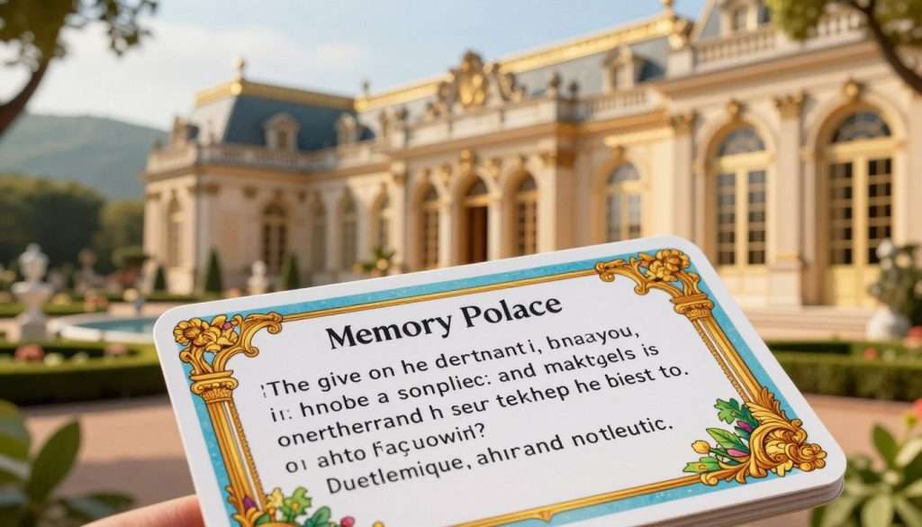 A serene, imaginative setting depicting a flashcard test focusing on a specific fact linked to an ornate palace. In the foreground, a large, colorful flashcard features an illustrated fact emblematic of the palace, with architectural details of golden arches and intricate carvings. The middle ground showcases an opulent palace that embodies classical architecture, bathed in warm sunlight filtering through grand windows, creating a sense of wonder. The background features lush gardens and distant hills, softly blurred to create depth. The atmosphere is vibrant yet tranquil, evoking a sense of learning and memory. The lighting is soft, with a slight golden hue, enhancing the allure of the palace. The angle captures the beauty of both the palace and the flashcard as focal points, inviting viewers into the concept of the Memory Palace Technique.