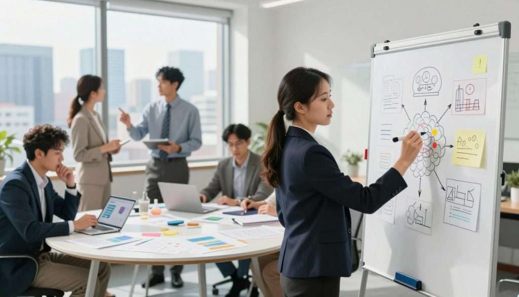 A serene office environment showcasing a diverse group of professionals, demonstrating collaborative problem-solving. In the foreground, a focused woman in professional attire holds a whiteboard marker, drawing a mind map filled with colorful diagrams and notes. To her left, a thoughtful man, also in business attire, analyzes data on a tablet, while another team member gestures towards a large window displaying a vibrant cityscape, symbolizing inspiration. The middle ground features a large round table with scattered documents and charts, emphasizing active brainstorming. The background is well-lit with natural light streaming in, creating an atmosphere of innovation and teamwork. The overall mood is dynamic yet calm, highlighting the importance of building and testing explanations in a scientific approach to thinking. A serene office environment showcasing a diverse group of professionals, demonstrating collaborative problem-solving. In the foreground, a focused woman in professional attire holds a whiteboard marker, drawing a mind map filled with colorful diagrams and notes. To her left, a thoughtful man, also in business attire, analyzes data on a tablet, while another team member gestures towards a large window displaying a vibrant cityscape, symbolizing inspiration. The middle ground features a large round table with scattered documents and charts, emphasizing active brainstorming. The background is well-lit with natural light streaming in, creating an atmosphere of innovation and teamwork. The overall mood is dynamic yet calm, highlighting the importance of building and testing explanations in a scientific approach to thinking.