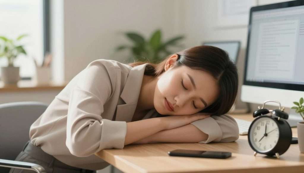 A serene office setting bathed in soft, warm natural light, showcasing a young professional woman in modest business casual attire, peacefully taking a power nap at her desk. Her head rests gently on her folded arms, creating an atmosphere of tranquility and relaxation. In the background, a modern workspace features subtle greenery and soft, calming colors, enhancing the sense of a rejuvenating environment. On the desk, a clock shows a 20-minute timer, symbolizing the power nap duration, while a blurred computer screen displays gentle, organized notes for easy recall. The camera angle captures this scene from a medium distance, creating an inviting and restorative mood, emphasizing the positive benefits of short sleep breaks. A serene office setting bathed in soft, warm natural light, showcasing a young professional woman in modest business casual attire, peacefully taking a power nap at her desk. Her head rests gently on her folded arms, creating an atmosphere of tranquility and relaxation. In the background, a modern workspace features subtle greenery and soft, calming colors, enhancing the sense of a rejuvenating environment. On the desk, a clock shows a 20-minute timer, symbolizing the power nap duration, while a blurred computer screen displays gentle, organized notes for easy recall. The camera angle captures this scene from a medium distance, creating an inviting and restorative mood, emphasizing the positive benefits of short sleep breaks.