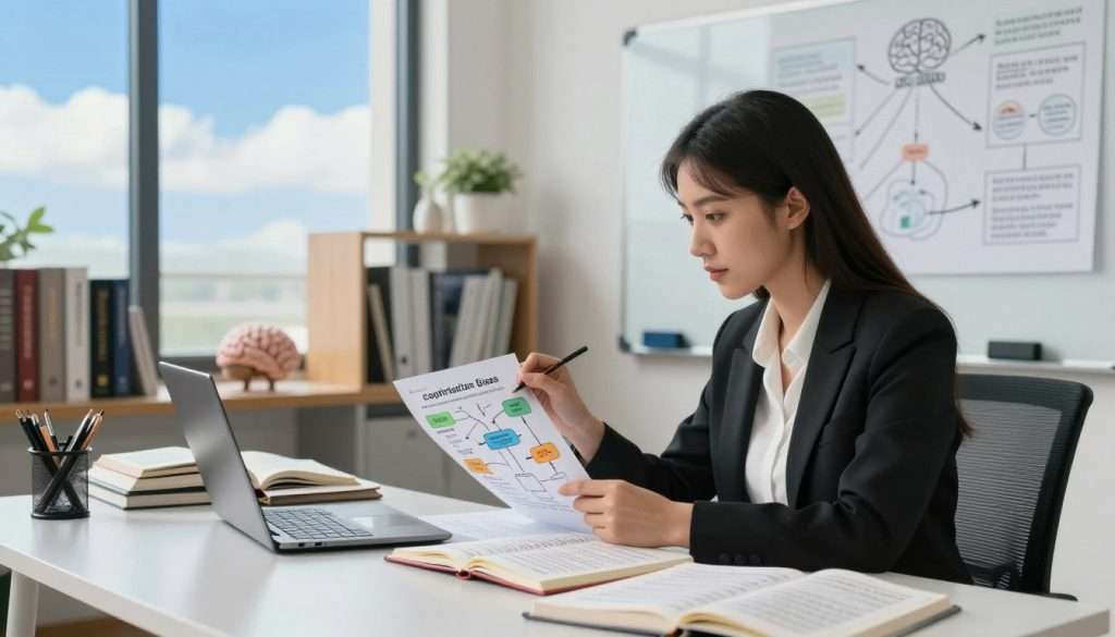 A serene office setting with a large window showcasing a bright blue sky and soft, natural light streaming in. In the foreground, a focused young woman wearing professional attire sits at a sleek desk cluttered with open books on cognitive psychology, a laptop, and a notepad filled with neatly organized notes. She is analyzing a colorful flowchart depicting different cognitive biases such as confirmation bias and anchoring bias. In the middle ground, shelves filled with academic texts and brain-themed decor reflect a nurturing learning environment. The background features a large whiteboard filled with diagrams illustrating rational thinking processes. The atmosphere is calm and contemplative, emphasizing the determination to overcome cognitive distortions. A slight tilt-angle captures the woman's engaged expression, inviting viewers to reflect on the importance of insightful thinking. A serene office setting with a large window showcasing a bright blue sky and soft, natural light streaming in. In the foreground, a focused young woman wearing professional attire sits at a sleek desk cluttered with open books on cognitive psychology, a laptop, and a notepad filled with neatly organized notes. She is analyzing a colorful flowchart depicting different cognitive biases such as confirmation bias and anchoring bias. In the middle ground, shelves filled with academic texts and brain-themed decor reflect a nurturing learning environment. The background features a large whiteboard filled with diagrams illustrating rational thinking processes. The atmosphere is calm and contemplative, emphasizing the determination to overcome cognitive distortions. A slight tilt-angle captures the woman's engaged expression, inviting viewers to reflect on the importance of insightful thinking.
