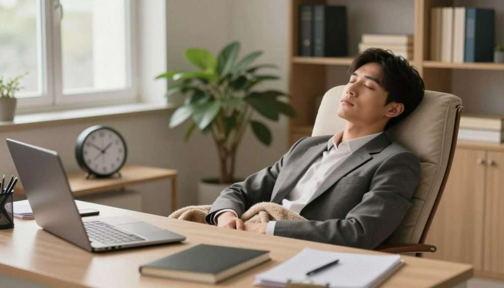A serene office space features a neatly arranged desk with a plush chair, bathed in soft, warm light filtering through a window. In the foreground, a professional individual in modest business attire reclines comfortably, eyes closed, resting during a 20-minute nap. A cozy blanket is draped over them, adding to the relaxed atmosphere. Nearby, a clock shows the time, emphasizing the brief yet impactful duration of the nap. In the middle ground, a potted plant adds a touch of nature, symbolizing refreshment and growth. The background reveals shelves lined with books, retaining an air of productivity. The overall mood is tranquil and rejuvenating, encapsulating the idea of harnessing short naps for enhancing memory and focus, filmed from a slightly elevated angle to capture both the person and their calming environment. A serene office space features a neatly arranged desk with a plush chair, bathed in soft, warm light filtering through a window. In the foreground, a professional individual in modest business attire reclines comfortably, eyes closed, resting during a 20-minute nap. A cozy blanket is draped over them, adding to the relaxed atmosphere. Nearby, a clock shows the time, emphasizing the brief yet impactful duration of the nap. In the middle ground, a potted plant adds a touch of nature, symbolizing refreshment and growth. The background reveals shelves lined with books, retaining an air of productivity. The overall mood is tranquil and rejuvenating, encapsulating the idea of harnessing short naps for enhancing memory and focus, filmed from a slightly elevated angle to capture both the person and their calming environment.