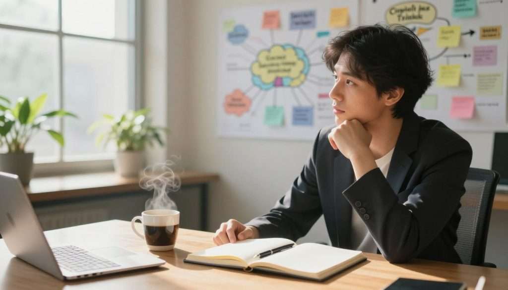 A serene office space filled with natural light, featuring a wooden desk with an open notebook, pen, and a steaming cup of coffee. In the foreground, a person in smart casual attire is seated, deep in thought, with their chin resting on their hand, exhibiting a contemplative expression. The background showcases a wall with colorful mind maps and sticky notes illustrating various critical thinking concepts. Soft morning light filters through a large window adorned with greenery, creating a peaceful and inspiring atmosphere. The shot is taken from a slightly elevated angle, emphasizing both the thinker and the organized chaos of ideas in the background, invoking a sense of intellectual engagement and daily practice in critical thinking.