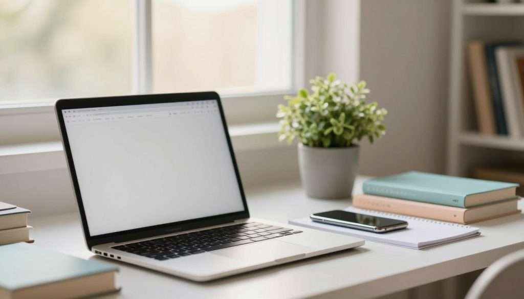 A serene study environment designed for students focusing on digital minimalism. In the foreground, a tidy desk with a sleek laptop open, showcasing a clean desktop, surrounded by a few organized books and a notepad, all in soft pastel colors. In the middle ground, a potted plant adds a touch of nature, and a smartphone turned face down, symbolizing reduced notifications, lies nearby. The background features a softly blurred window with natural light streaming in, creating a warm and inviting atmosphere. The composition should have a shallow depth of field to emphasize the desk and its items while providing a calm and focused mood, perfect for undistracted study sessions. The lighting should be gentle and diffused, suggesting early morning or late afternoon. A serene study environment designed for students focusing on digital minimalism. In the foreground, a tidy desk with a sleek laptop open, showcasing a clean desktop, surrounded by a few organized books and a notepad, all in soft pastel colors. In the middle ground, a potted plant adds a touch of nature, and a smartphone turned face down, symbolizing reduced notifications, lies nearby. The background features a softly blurred window with natural light streaming in, creating a warm and inviting atmosphere. The composition should have a shallow depth of field to emphasize the desk and its items while providing a calm and focused mood, perfect for undistracted study sessions. The lighting should be gentle and diffused, suggesting early morning or late afternoon.