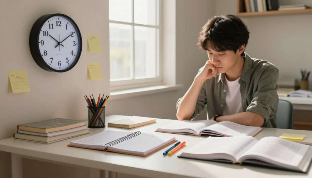 A serene study environment featuring a neatly organized study desk in the foreground, adorned with a planner, colored pens, and open textbooks. A digital clock displays an orderly time schedule on the wall, emphasizing time management. In the middle ground, a thoughtful student in modest casual attire, focused and engaged with their studies, surrounded by sticky notes and study materials spread out methodically. The background showcases a cozy room with warm lighting streaming through a window, illuminating the space and creating a calm, inviting atmosphere. The angle highlights both the desk and the student’s concentration, encouraging a sense of productivity and balance in study habits.
