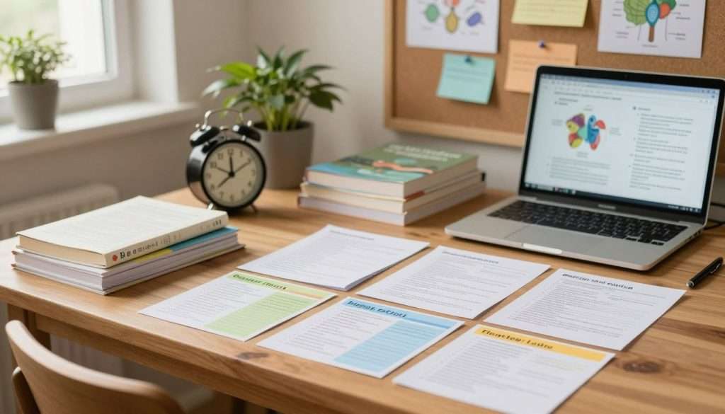 A serene study environment featuring a wooden desk cluttered with biology practice questions organized into small, colorful study task cards. In the foreground, a vintage alarm clock set to 25 minutes sits next to a stack of textbooks and a laptop displaying biology diagrams. The middle ground shows a cozy chair, a potted plant, and a window providing soft, natural light, creating an inviting atmosphere for study. The background is adorned with a corkboard filled with pinned notes and illustrations of biological concepts, evoking focus and productivity. The overall mood is one of calm concentration, with a warm color palette emphasizing the importance of effective study techniques without any distractions. Use a soft focus and a slight depth of field to keep attention on the study materials. A serene study environment featuring a wooden desk cluttered with biology practice questions organized into small, colorful study task cards. In the foreground, a vintage alarm clock set to 25 minutes sits next to a stack of textbooks and a laptop displaying biology diagrams. The middle ground shows a cozy chair, a potted plant, and a window providing soft, natural light, creating an inviting atmosphere for study. The background is adorned with a corkboard filled with pinned notes and illustrations of biological concepts, evoking focus and productivity. The overall mood is one of calm concentration, with a warm color palette emphasizing the importance of effective study techniques without any distractions. Use a soft focus and a slight depth of field to keep attention on the study materials.