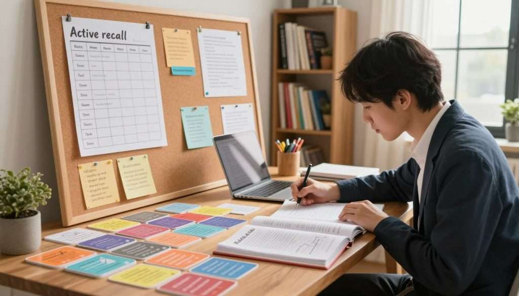 A serene study environment focused on active recall techniques. In the foreground, a wooden desk is scattered with colorful flashcards and open textbooks, showing diagrams and key concepts. A focused student, dressed in professional casual attire, is actively writing notes while looking thoughtfully at the materials. In the middle ground, a large corkboard displays pinned study schedules and motivational quotes, surrounded by a soft glow of warm lighting. In the background, a cozy bookshelf filled with educational books and a large window allowing natural light to flood in, creating an inviting atmosphere. The overall mood is one of productivity and inspiration, emphasizing a step-by-step approach to mastering active recall.