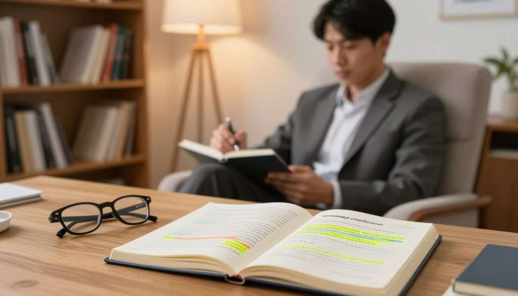 A serene study environment illustrating the concept of "knowledge simplification." In the foreground, an open notebook rests on a wooden desk, with neatly written notes and highlighted sections in bright colors. A pair of reading glasses lies beside the notebook. In the middle ground, a focused young adult in professional attire, sitting on a cozy chair, is holding a pen and contemplating the notes. The backdrop features a well-stocked bookshelf filled with diverse books, bathed in soft, warm light from a nearby lamp. The atmosphere is calm and inviting, conveying a sense of clarity and understanding. The lens captures the scene from a slightly elevated angle to emphasize the subjects and their surroundings, contributing to a scholarly yet accessible mood.