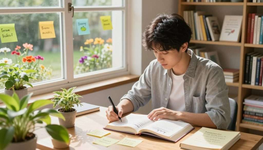 A serene study environment symbolizes growth mindset, with a young adult seated at a wooden desk, focused on open books and notes depicting concepts of learning from mistakes. In the foreground, bright green plants and motivational quotes on sticky notes surround them, symbolizing growth and positivity. The middle layer features a large window allowing soft, natural sunlight to illuminate the scene, creating a warm atmosphere. Outside, a vibrant garden showcases flourishing flowers, representing success and personal development. The background consists of bookshelves filled with diverse literature on self-improvement and education. The overall mood is uplifting and inspiring, encouraging the viewer to embrace challenges and learn from setbacks, captured in a balanced composition with a slightly elevated angle for depth. A serene study environment symbolizes growth mindset, with a young adult seated at a wooden desk, focused on open books and notes depicting concepts of learning from mistakes. In the foreground, bright green plants and motivational quotes on sticky notes surround them, symbolizing growth and positivity. The middle layer features a large window allowing soft, natural sunlight to illuminate the scene, creating a warm atmosphere. Outside, a vibrant garden showcases flourishing flowers, representing success and personal development. The background consists of bookshelves filled with diverse literature on self-improvement and education. The overall mood is uplifting and inspiring, encouraging the viewer to embrace challenges and learn from setbacks, captured in a balanced composition with a slightly elevated angle for depth.
