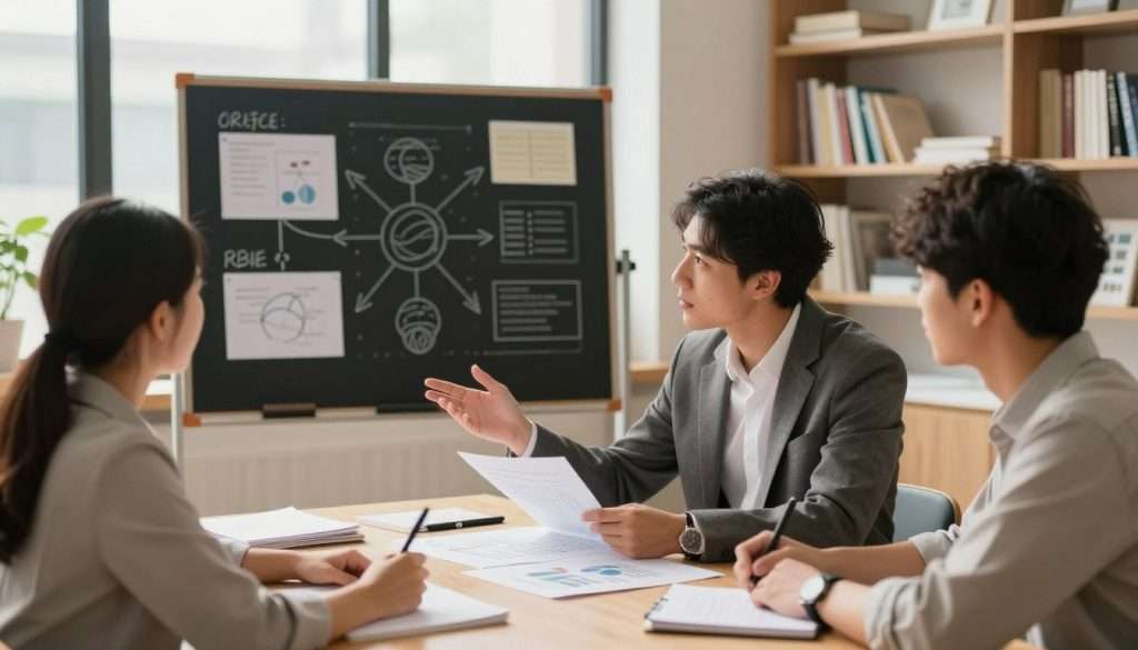 A serene study scene illustrating the process of learning by teaching and summarizing. In the foreground, a diverse group of three individuals—one woman and two men—are engaged in a collaborative discussion, dressed in professional business attire. One person is explaining a concept, using charts and notes spread across a table, while another listens attentively, taking notes. In the middle ground, a blackboard filled with diagrams and mind maps suggests active learning. In the background, warm, diffused natural light streams through a large window, illuminating shelves filled with books and educational materials, creating a cozy and inspiring atmosphere. The focus is on interaction and engagement, capturing the essence of memory recall through teaching methods. A serene study scene illustrating the process of learning by teaching and summarizing. In the foreground, a diverse group of three individuals—one woman and two men—are engaged in a collaborative discussion, dressed in professional business attire. One person is explaining a concept, using charts and notes spread across a table, while another listens attentively, taking notes. In the middle ground, a blackboard filled with diagrams and mind maps suggests active learning. In the background, warm, diffused natural light streams through a large window, illuminating shelves filled with books and educational materials, creating a cozy and inspiring atmosphere. The focus is on interaction and engagement, capturing the essence of memory recall through teaching methods.